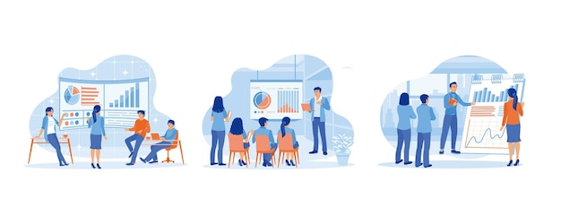 Equipo de negocios que tiene una reunión en la oficina Mostrar gráficos de estrategia de negocios Discutir gráficos de marketing en el portapapeles Concepto de reunión de negocios Establecer una ilustración vectorial plana