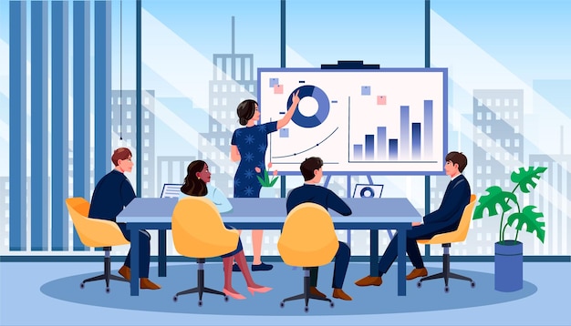 Equipo de negocios en la sala de reuniones con gráficos y gráficos Ilustración vectorial de presentación