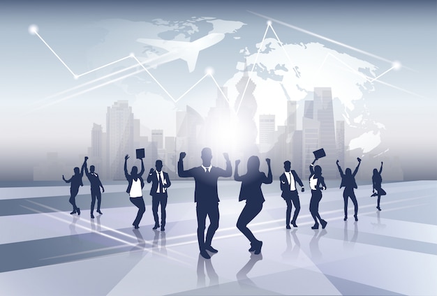 Equipo de negocios Silueta Grupo de empresarios Alegre Feliz Criado Manos sobre Mapa del mundo Viaje Vuelo