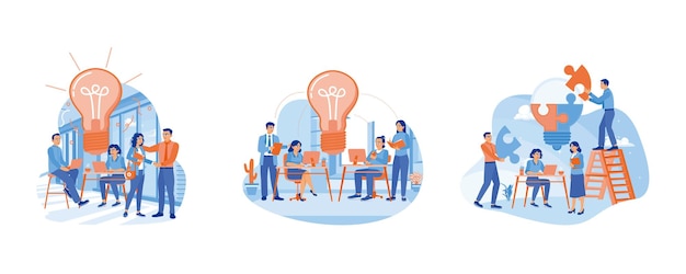Equipo de negocios trabajan juntos en un nuevo proyecto en busca de nuevas ideas y soluciones para el éxito concepto de idea de negocio conjunto de ilustración vectorial plana