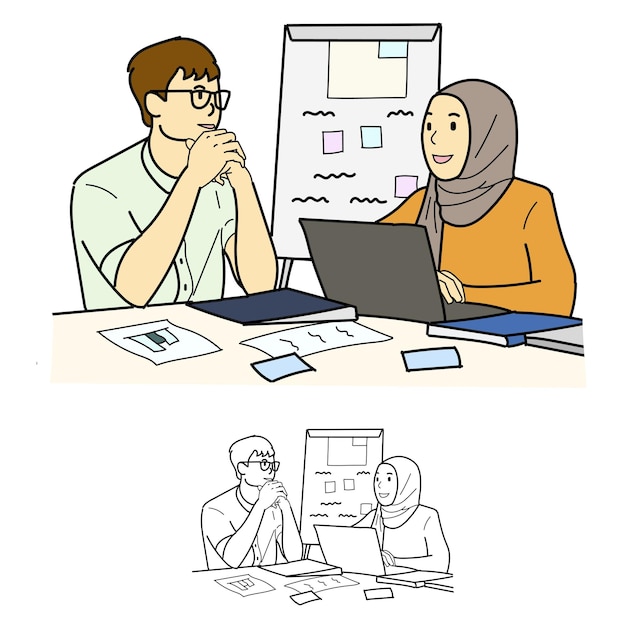 Equipo de negocios trabajando juntos en la oficina con portátil y tablero de presentación con vector de mujer hijab