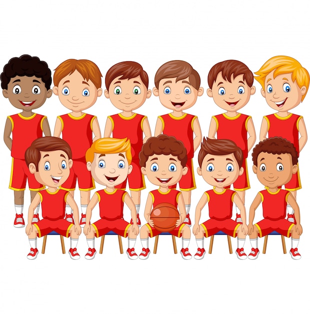 Equipo de niños de baloncesto de dibujos animados en uniforme