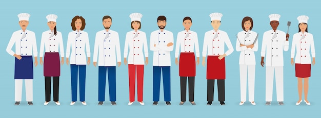 Equipo de ocupación de servicio de alimentos en uniforme. Grupo de personajes de catering chef, cocinero, camareros y barman.