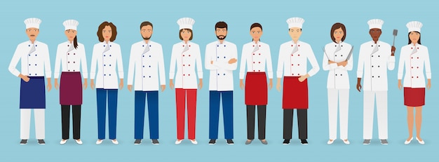 Equipo de ocupación de servicio de alimentos en uniforme. grupo de personajes de catering chef, cocinero, camareros y barman.