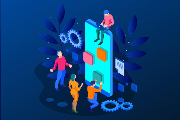 Equipo de optimización y análisis de Seo isométrico Concepto de diseño de página de aterrizaje moderno.