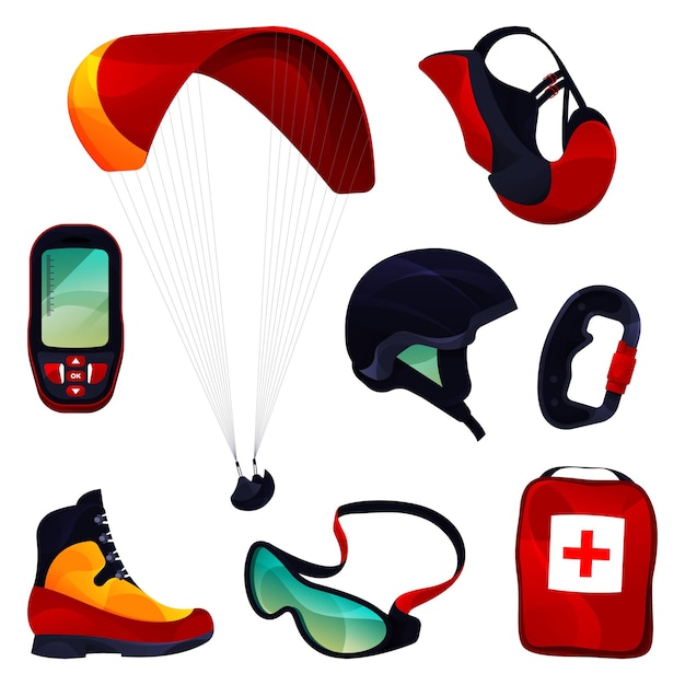 Vector equipo de parapente herramientas deportivas establecer iconos vectoriales