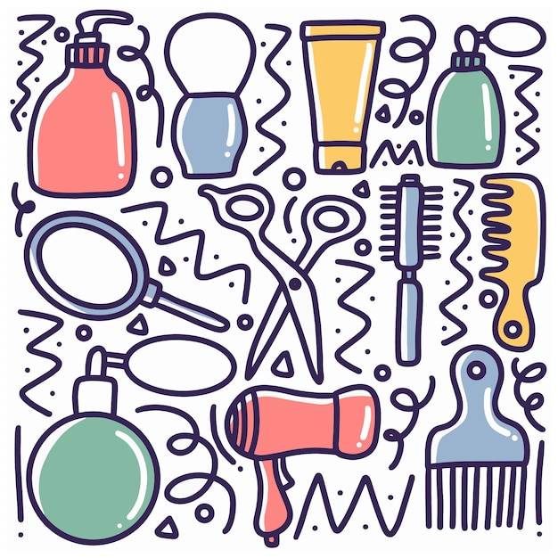 Equipo de peluquería dibujado a mano doodle conjunto con iconos y elementos de diseño