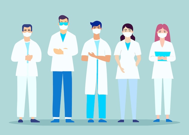 Equipo de personal médico conjunto de médicos con máscaras enfermeras y personal médico personajes grupo joven de