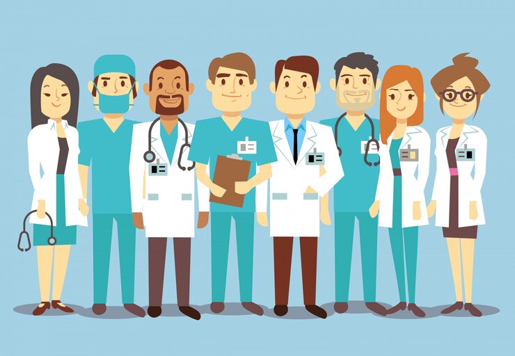 Vector equipo de personal médico del hospital médicos enfermeras cirujano plana