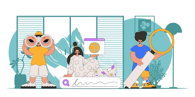 Un equipo de personas ayuda a encontrar información en Internet. Ilustración brillante y elegante. Materiales de marketing.