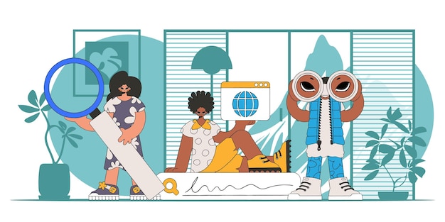Un equipo de personas busca información. Material ilustrativo brillante y elegante para contenido educativo.