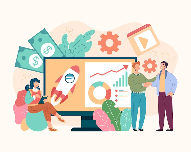 Vector equipo de personas desarrollo de personajes proyecto empresarial puesta en marcha concepto de gestión de estrategia