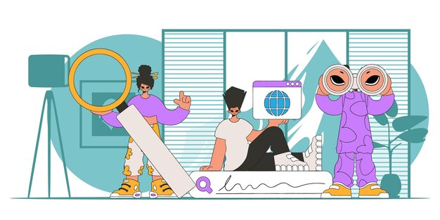 Un equipo de personas está buscando información. Ilustración brillante y elegante. Carácter de estilo moderno.