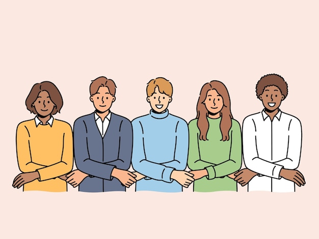 Equipo de personas multirraciales estudiantes tomados de la mano y mostrando unidad o falta de discordia