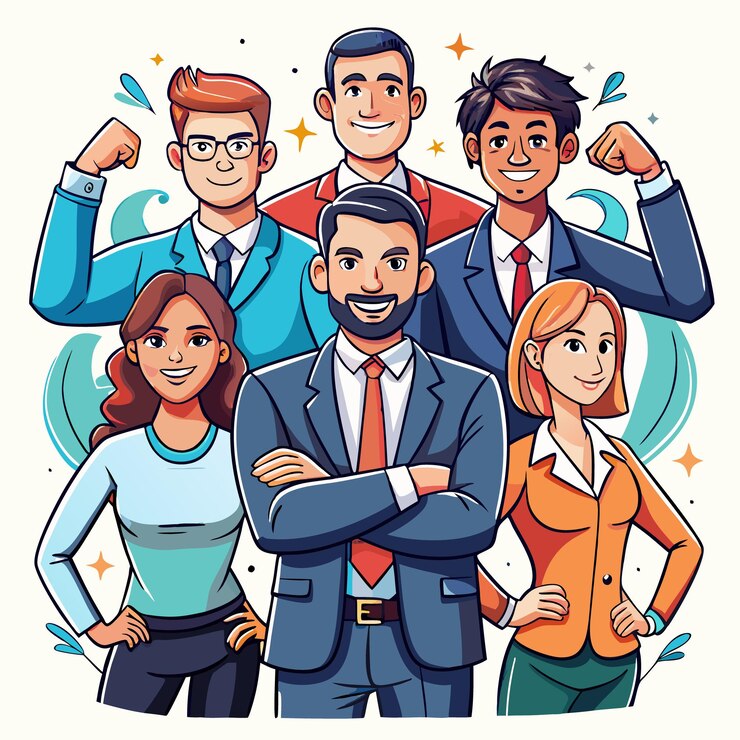 Vector un equipo de personas de negocios diversas que se unen con una actitud confiada y positiva