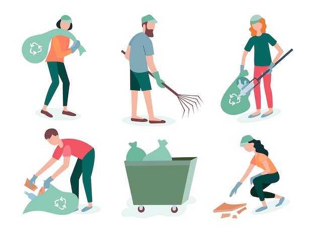 El equipo de personas voluntarias recolecta y clasifica la basura cuidando el medio ambiente Ilustración vectorial