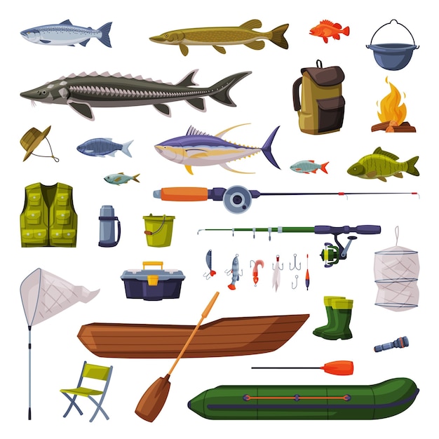 Vector equipo de pesca conjunto de peces de agua dulce rodas ropa accesorios para barcos ilustración vectorial de dibujos animados