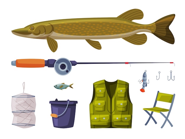 Vector equipo de pesca conjunto pike fish rod ropa de ropa silla plegable red cilíndrica cubo ilustración vectorial de dibujos animados