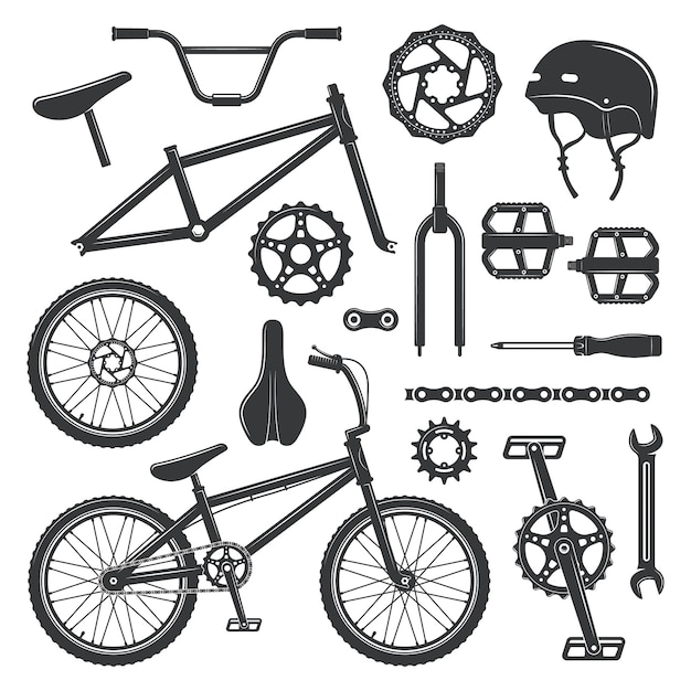 Vector equipo y piezas de bicicletas conjunto de íconos vectoriales negros símbolos y elementos de diseño aislados en blanco