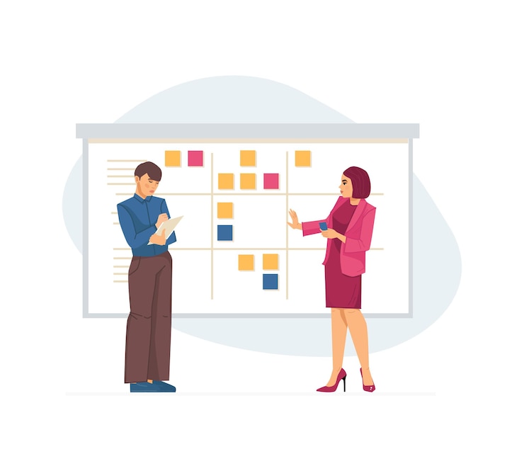 Vector el equipo planifica su trabajo de pie junto al tablero de tareas de scrum con tarjetas adhesivas.