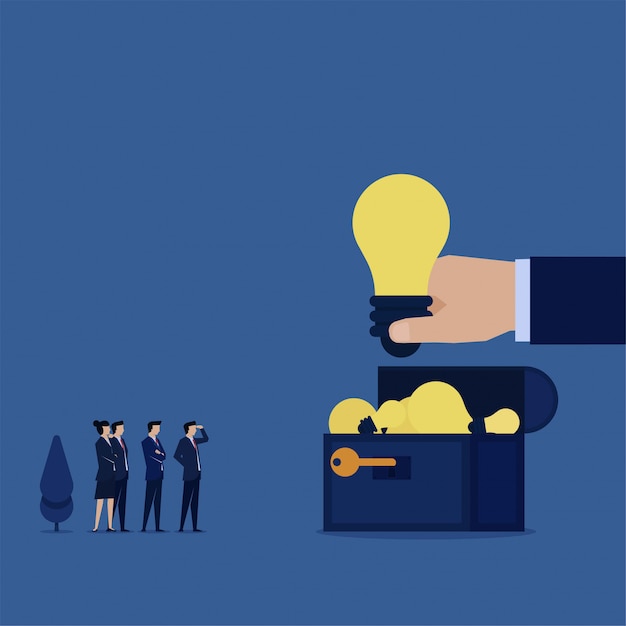 El equipo plano de negocios encuentra muchas ideas sobre la metáfora del cofre del tesoro de grandes ideas.
