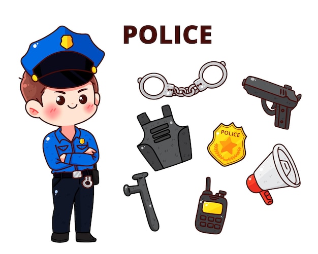 Equipo de policía personaje de policía servicio de seguridad concepto de dibujos animados dibujos animados dibujados a mano ilustración de arte de dibujos animados