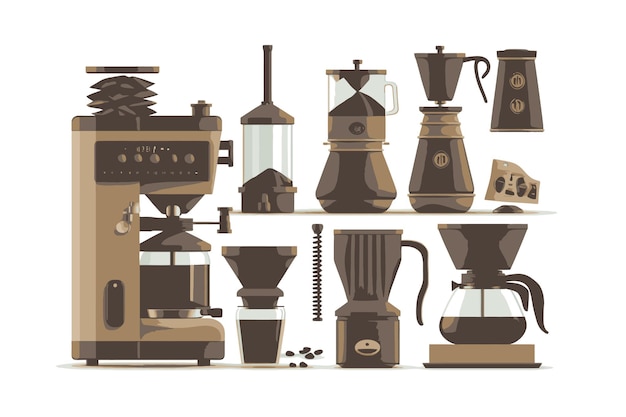 Equipo de preparación de café Conjunto de elementos de café Ilustración de Vector plano