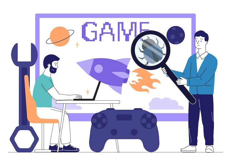 Vector equipo de probadores de juegos hombre y mujer con gamepad cerca de la pantalla del monitor programadores y especialistas en ti escriben código para videojuegos y salas de juegos ilustración vectorial lineal