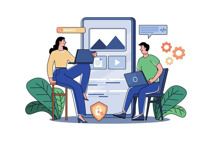 Vector equipo de producto que programa la aplicación móvil con una computadora portátil