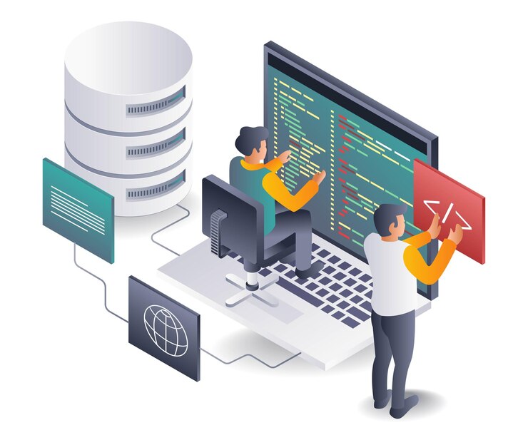Vector equipo de programadores que desarrollan aplicaciones de alojamiento web