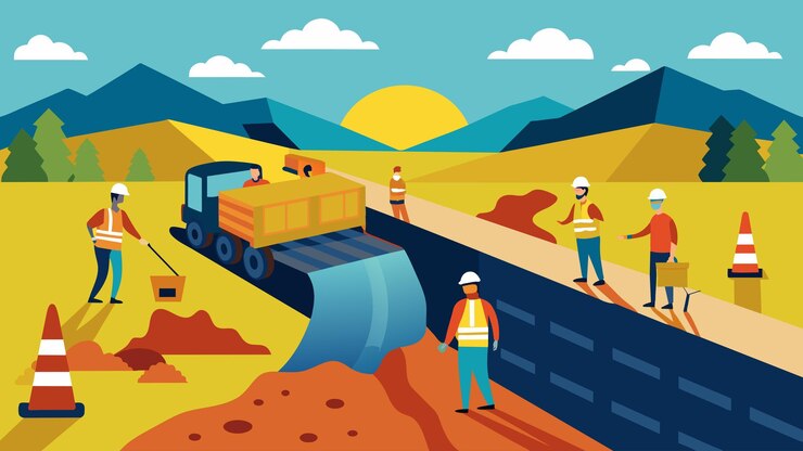 Vector un equipo que trabaja en un proyecto de construcción de autopistas se ve usando geocélulas para crear una base estable para
