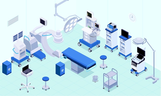 Equipo de quirófano médico iluminación control de frecuencia cardíaca pulmones ventiladores máquinas de anestesia mesa quirúrgica isométrica