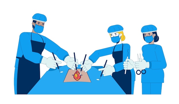 Equipo quirúrgico en trajes azules realizando una operación personajes de dibujos animados en 2D