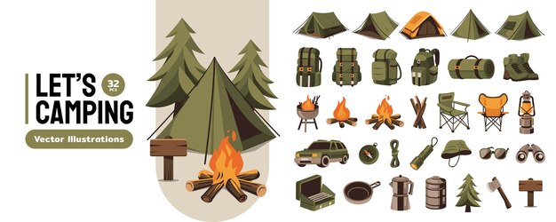 Equipo de recreación para acampar Elementos y herramientas Colección de conjuntos de ilustraciones vectoriales