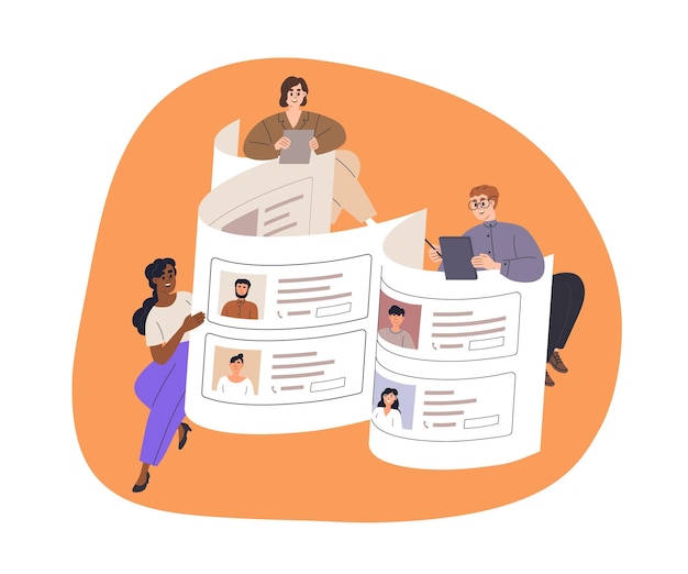 Equipo de recursos humanos reclutando, contratando, buscando recursos humanos. Headhunters eligiendo entre los CV de los solicitantes de empleo, buscando formularios de solicitud de candidatos, currículos. Ilustración de vector plano aislado sobre fondo blanco