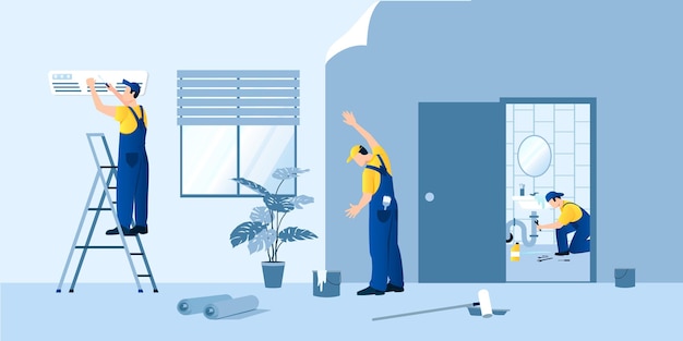 El equipo de reparación profesional de tres trabajadores arregla la tubería de agua obstruida del aire acondicionado en el papel tapiz de pegamento del baño en la habitación Rollos de cubo de papel tapiz con pegamento en el piso Ilustración vectorial
