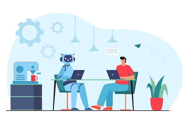 Equipo de robots humanos y humanoides trabajando juntos. Hombre y cyborg sentado con computadoras portátiles en la ilustración de vector plano de espacio de trabajo de oficina. Inteligencia artificial, mano de obra, concepto de tecnología futurista.