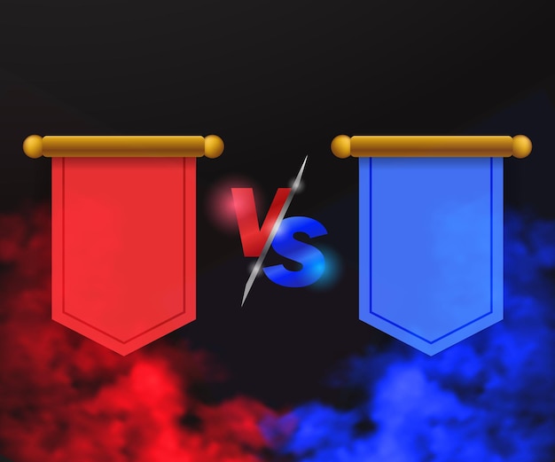 Equipo rojo vs equipo azul, bandera del logotipo de la insignia versus plantilla de lucha del torneo de competencia con humo