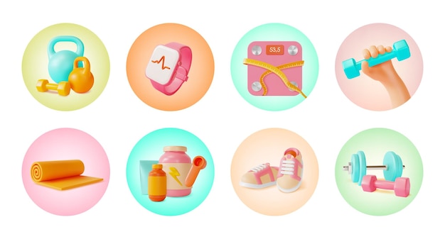 Equipo de salud y fitness 3d en el concepto de círculo Vector de estilo de dibujos animados