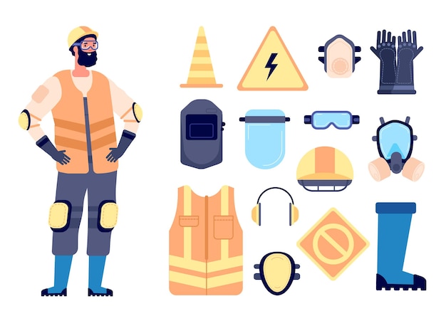 Equipo de seguridad del constructor Protección de los trabajadores de la construcción y equipo de trabajo Hombre con chaleco, gafas, casco, salud personal, concepto de vector completo Trabajador del constructor, seguridad en el trabajo e ilustración del casco