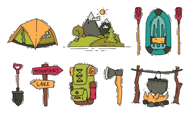 Equipo de senderismo y acampada con mapa y conjunto de vectores de carpa