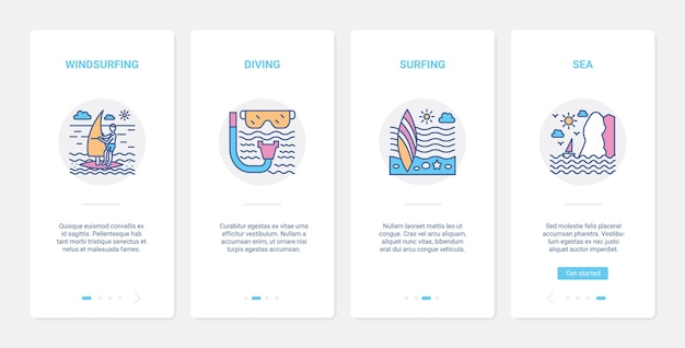 Vector equipo y símbolos de deportes extremos acuáticos ui ux onboarding conjunto de pantalla de la página de la aplicación móvil.