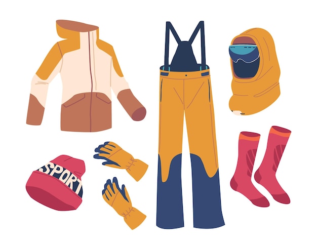 Vector equipo de snowboard y ropa esencial para triturar las pistas. el conjunto incluye botas, equipo de protección como casco y gafas, chaqueta, calcetines, monos, guantes y sombrero, ilustración vectorial de dibujos animados.