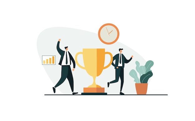 Equipo de socios comerciales con una copa de oro Concepto de lograr las tareas establecidas por objetivos de la empresa