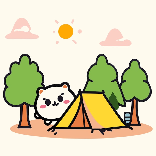 Vector equipo de tienda de campamento de verano en el bosque dibujado a mano plano elegante pegatina de dibujos animados concepto de icono aislado