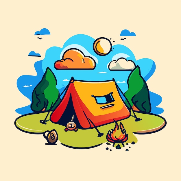 Equipo de tienda de campamento de verano en el bosque dibujado a mano plano elegante pegatina de dibujos animados concepto de icono aislado