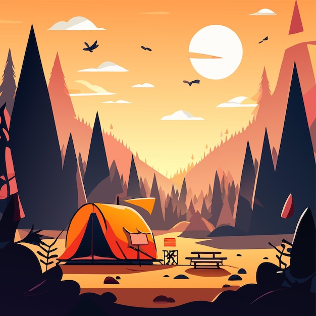 Vector equipo de tienda de campamento de verano en el bosque dibujado a mano plano elegante pegatina de dibujos animados concepto de icono aislado