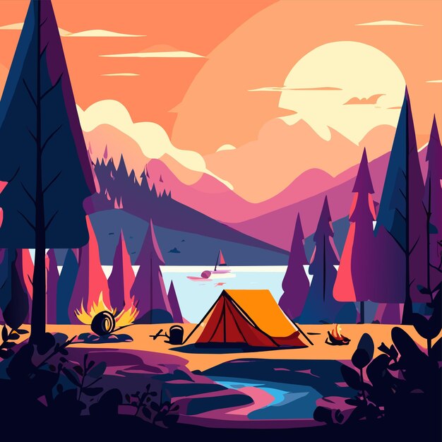 Vector equipo de tienda de campamento de verano en el bosque dibujado a mano plano elegante pegatina de dibujos animados concepto de icono aislado