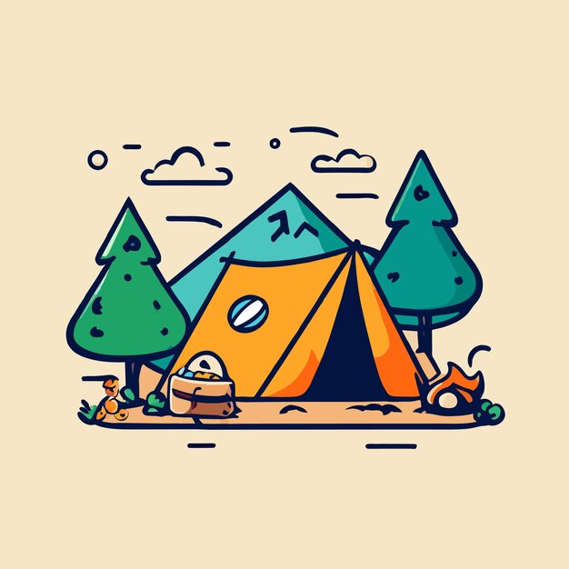 Vector equipo de tienda de campamento de verano en el bosque dibujado a mano plano elegante pegatina de dibujos animados concepto de icono aislado