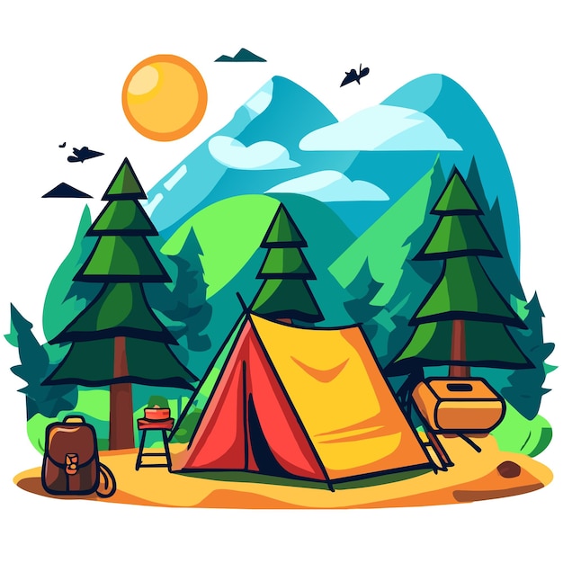 Vector equipo de tienda de campamento de verano en el bosque dibujado a mano plano elegante pegatina de dibujos animados concepto de icono aislado